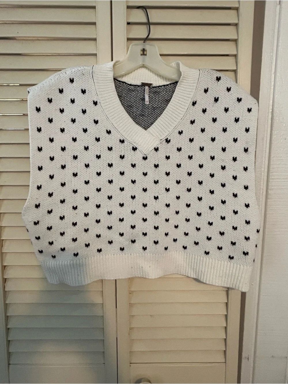 Free People White V-Neck Knit Vest with Black Heart Dot Pattern